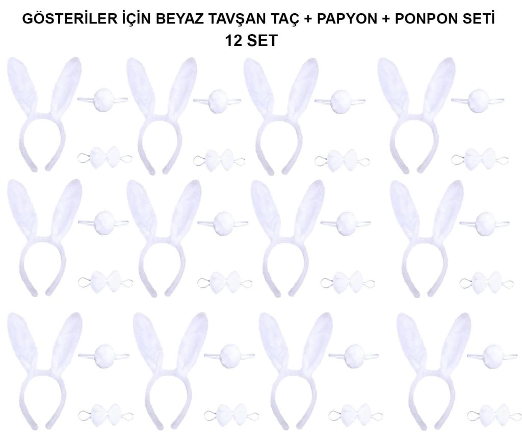 Nessiworld Beyaz Tavşan Kostüm Seti – Taç, Papyon, Kuyruk (12’li Paket)