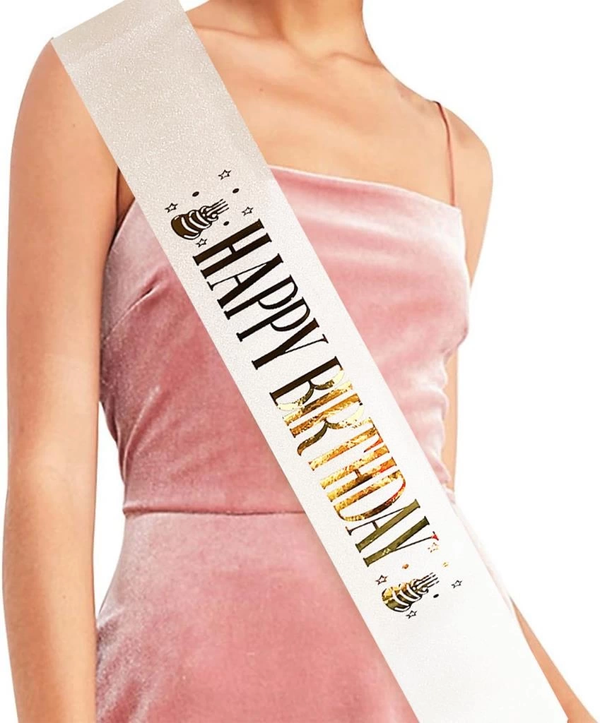 Nessiworld   Beyaz Üzeri Altın Büyük Happy Birthday Yazılı Simli Işıltılı Kuşak Kemer 10 cm Genişlik