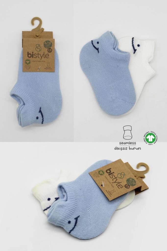 Nessiworld Bistyle 2Li Sneakers Smile Penye Çorap BS20106 Mavi Ekru