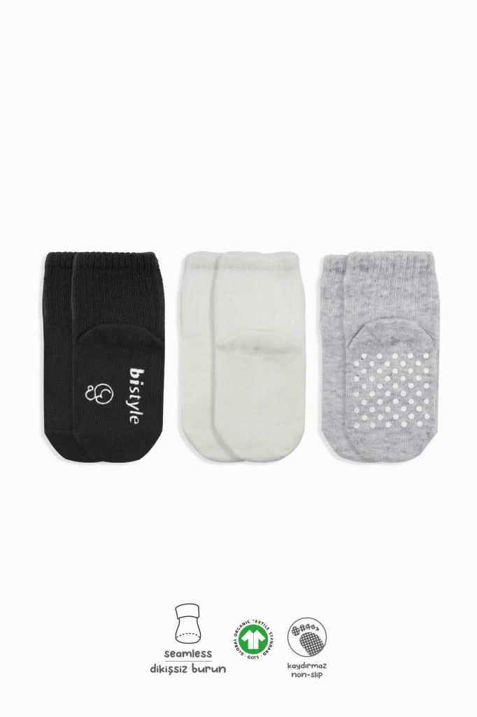 Nessiworld Bistyle Basic Kaymaz Penye Soket Çorap 3Lü BS10106 Siyah Ekru Gri