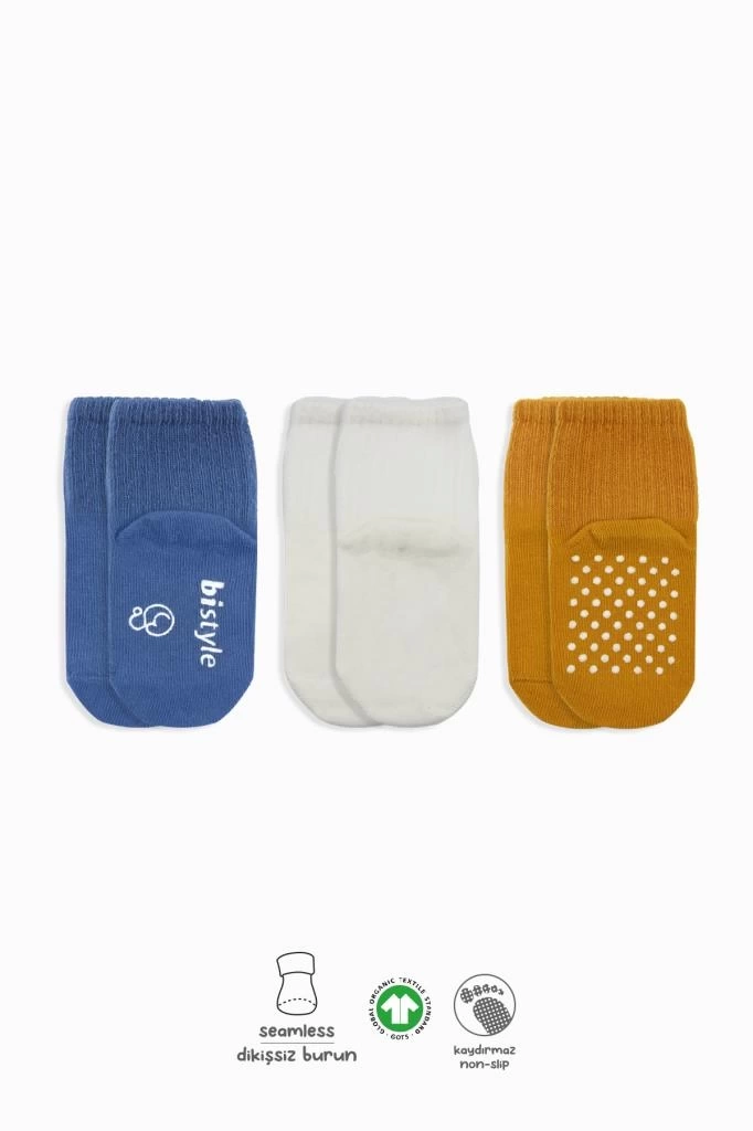 Nessiworld Bistyle Basic Kaymaz Penye Soket Çorap 3Lü BS10107 İndigo Ekru Hardal