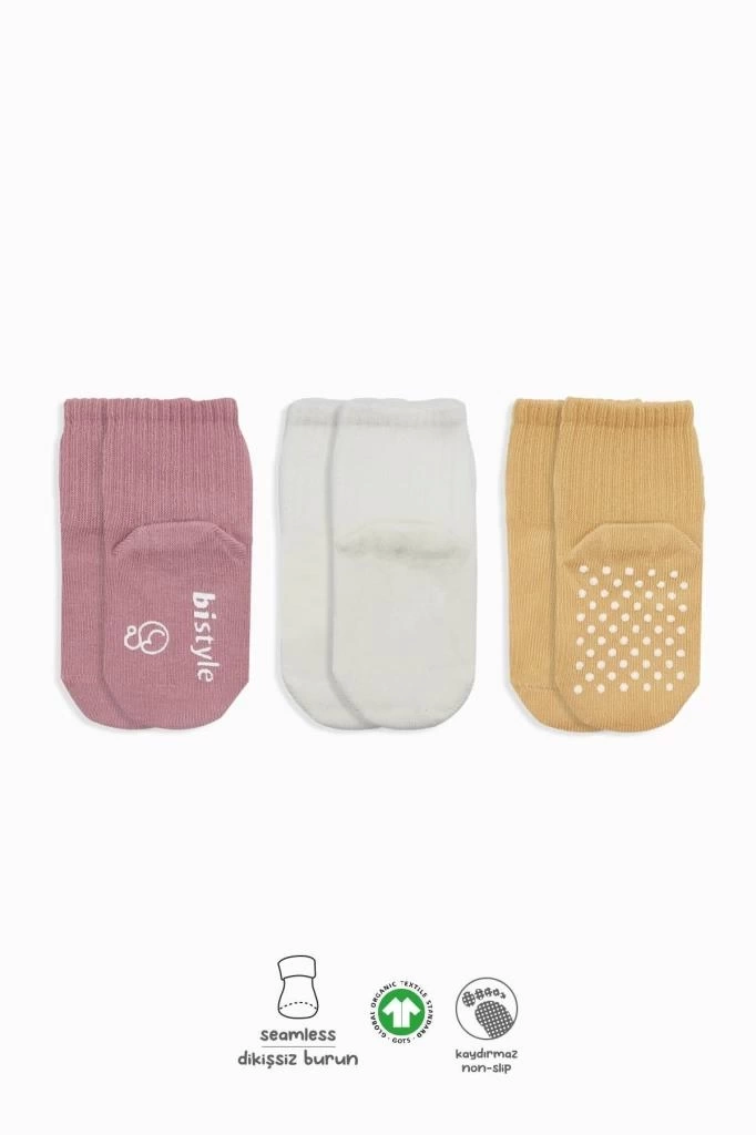 Nessiworld Bistyle Basic Kaymaz Penye Soket Çorap 3Lü BS10107 Pudra Ekru Somon