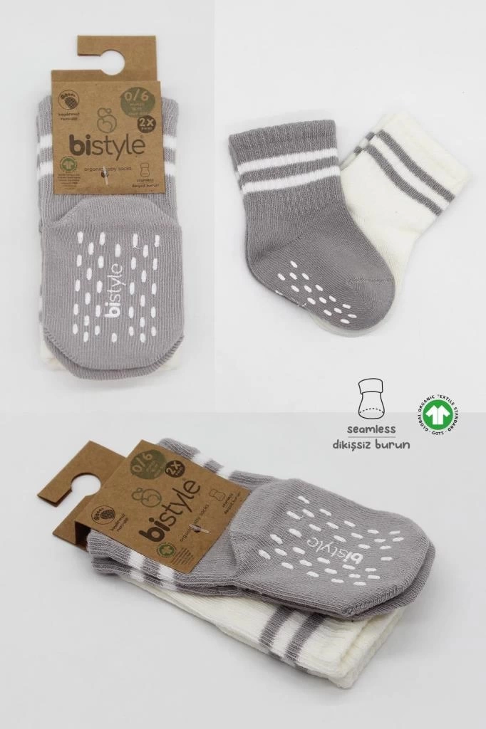Nessiworld Bistyle Çemberli Kaymaz Soket Çorap 2Li BS10125 Gri Ekru