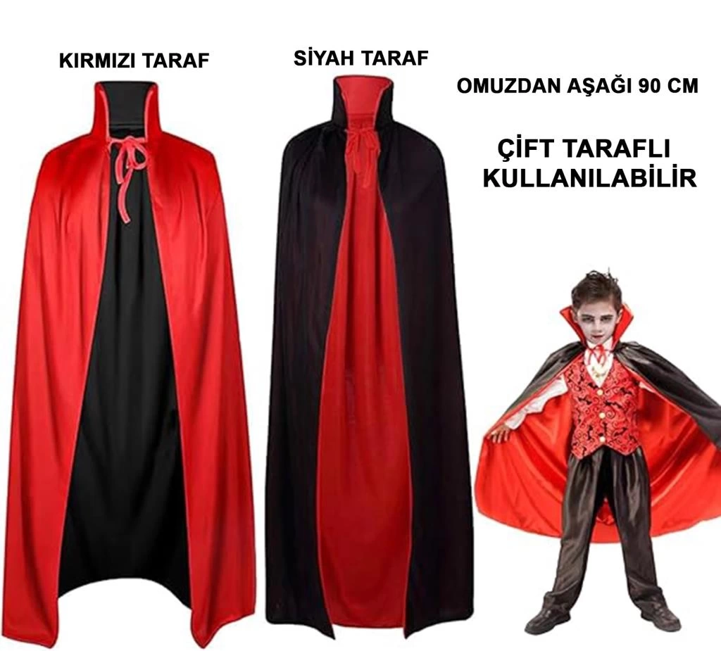 Nessiworld Çift Taraflı Kullanılabilir Siyah Kırmızı Kapişonlu Pelerin 90 cm Çocuk