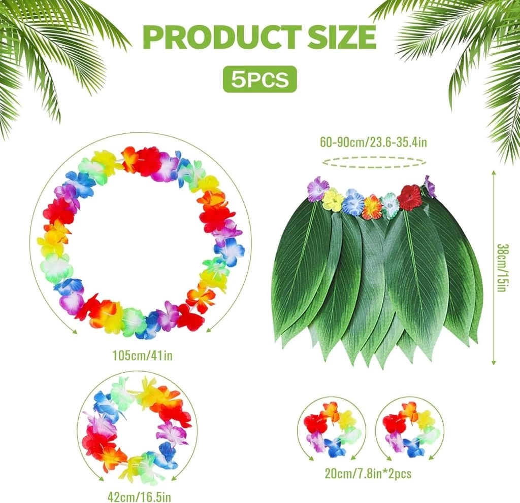 Nessiworld Çocuk Hawaii Kostüm Seti - Yaprak Etek & Hawaii Set - 5 Parça