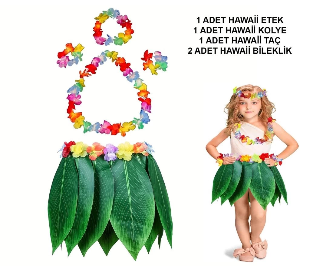 Nessiworld Çocuk Hawaii Kostüm Seti - Yaprak Etek & Hawaii Set - 5 Parça