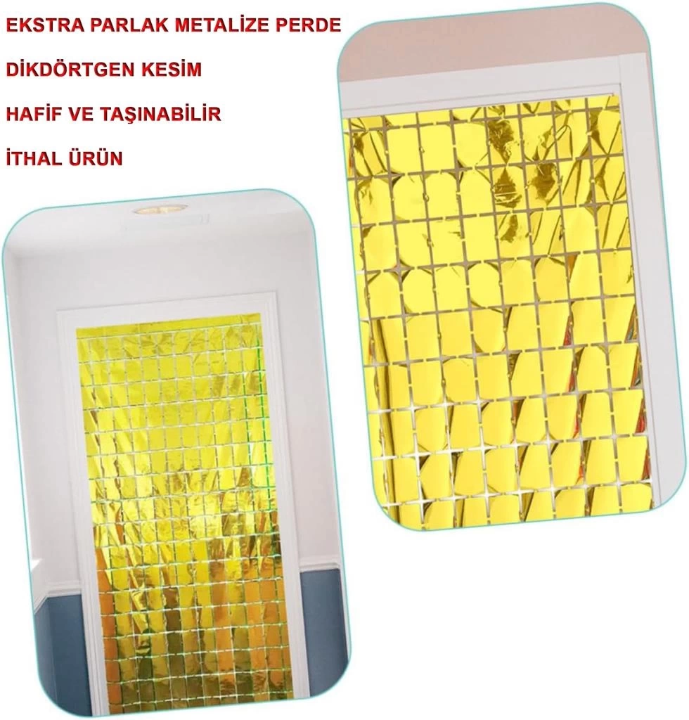 Nessiworld   Ekstra Metalize Altın Renk Disko Dikdörtgen Kesim Kapı Perdesi Dekorasyon 1x2 Metre