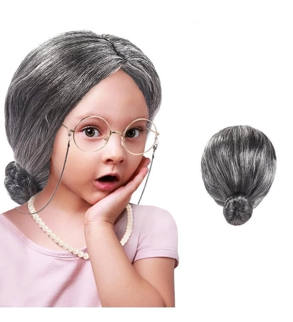 NessiWorld Gri Renk Yaşlı Peruğu Takma Saç Anneanne Babaanne Yetişkin Çocuk Uyumlu