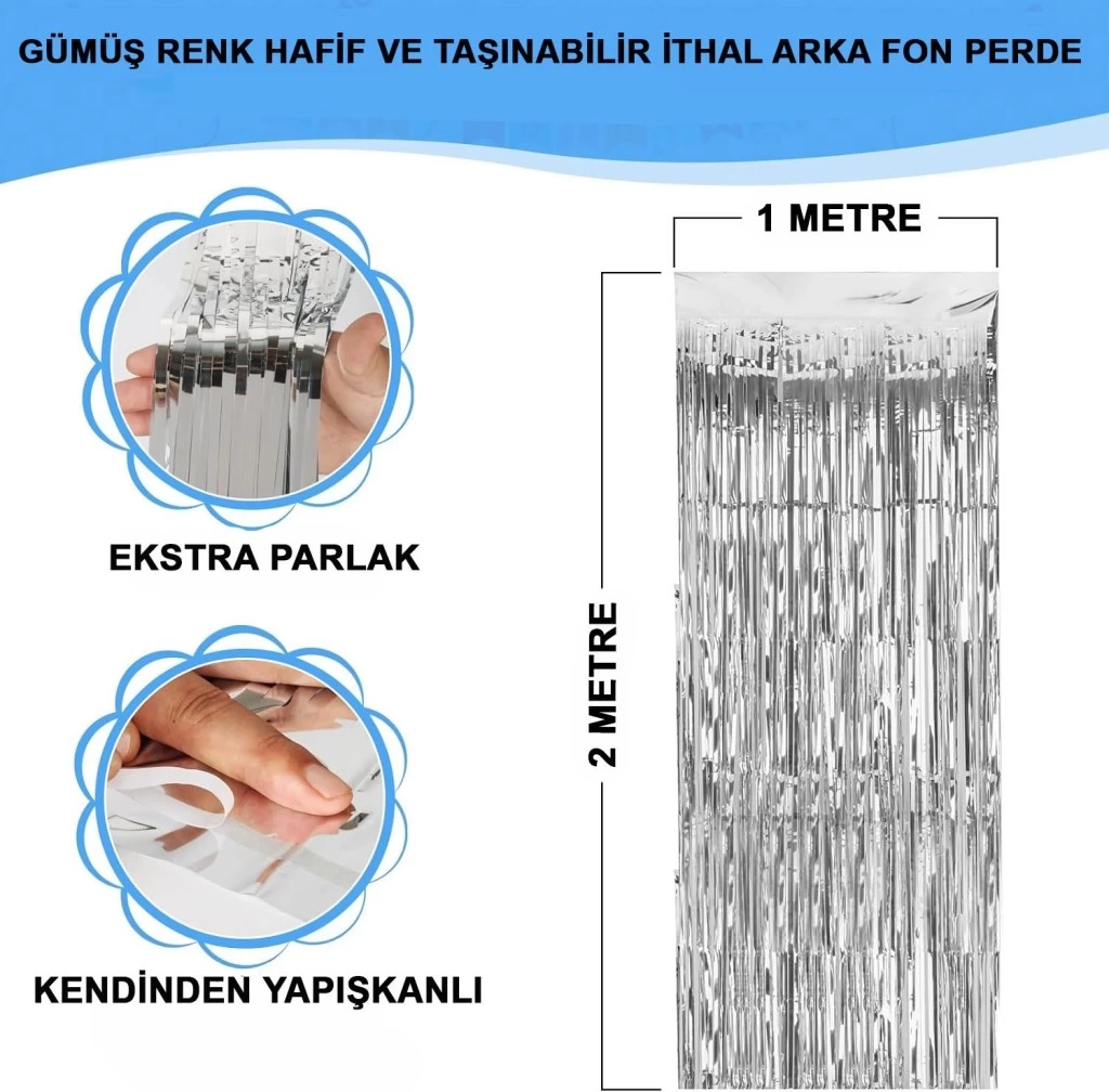 Nessiworld Gümüş Renk Ekstra Metalize Parlak Saçaklı Arka Fon Perde İthal A Kalite 1x2 Metre