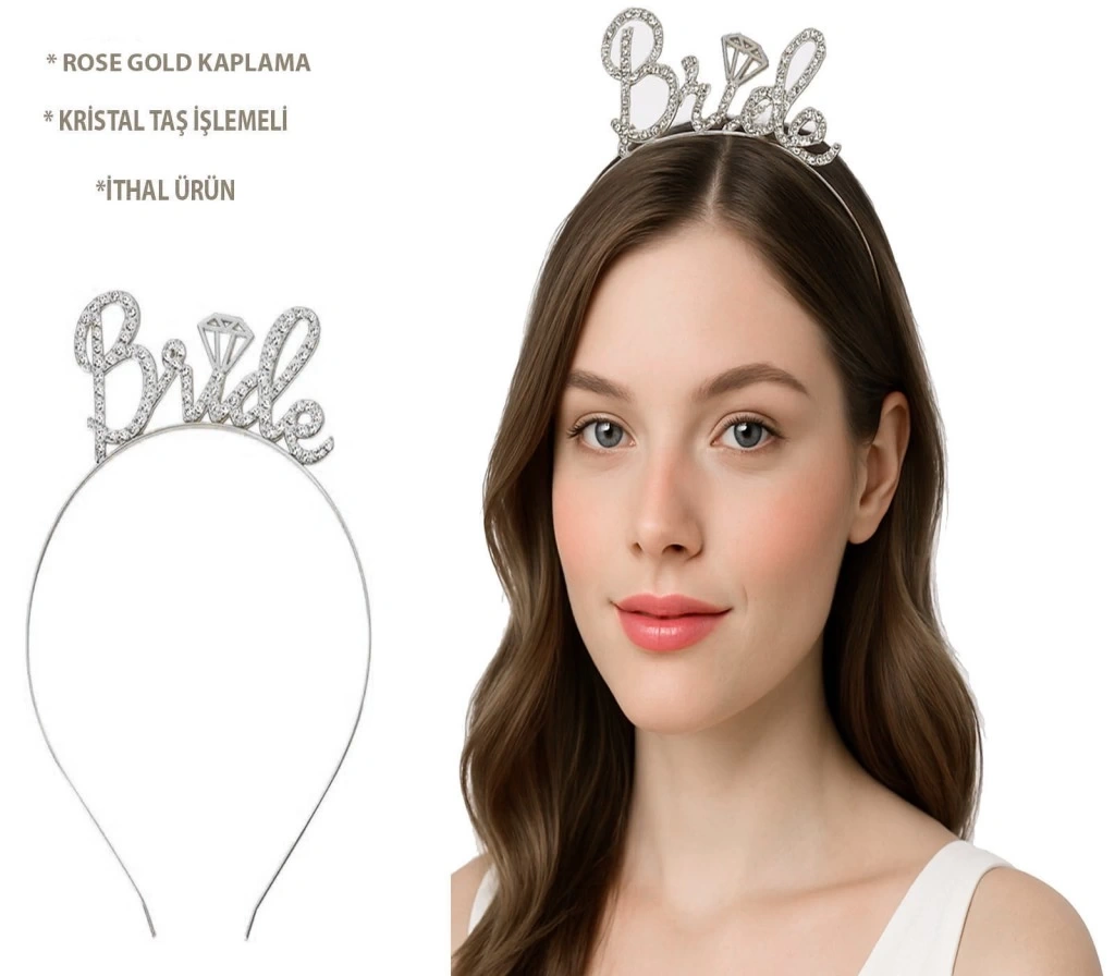 Nessiworld Gümüş Renkli Taşlı “Bride” Gelin Tacı – El Yazısı Yazı Tipiyle