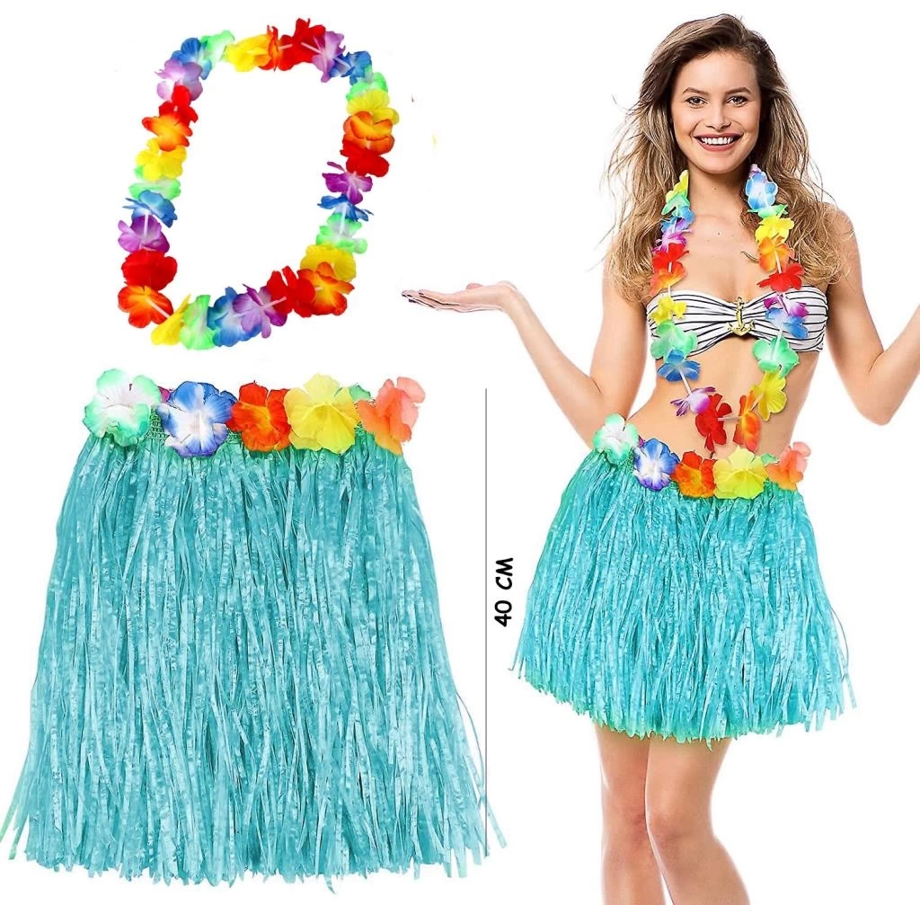 Nessiworld Hawaii Luau Aloha Mavi Püsküllü 40 cm Etek ve Hawaii Kolye Seti