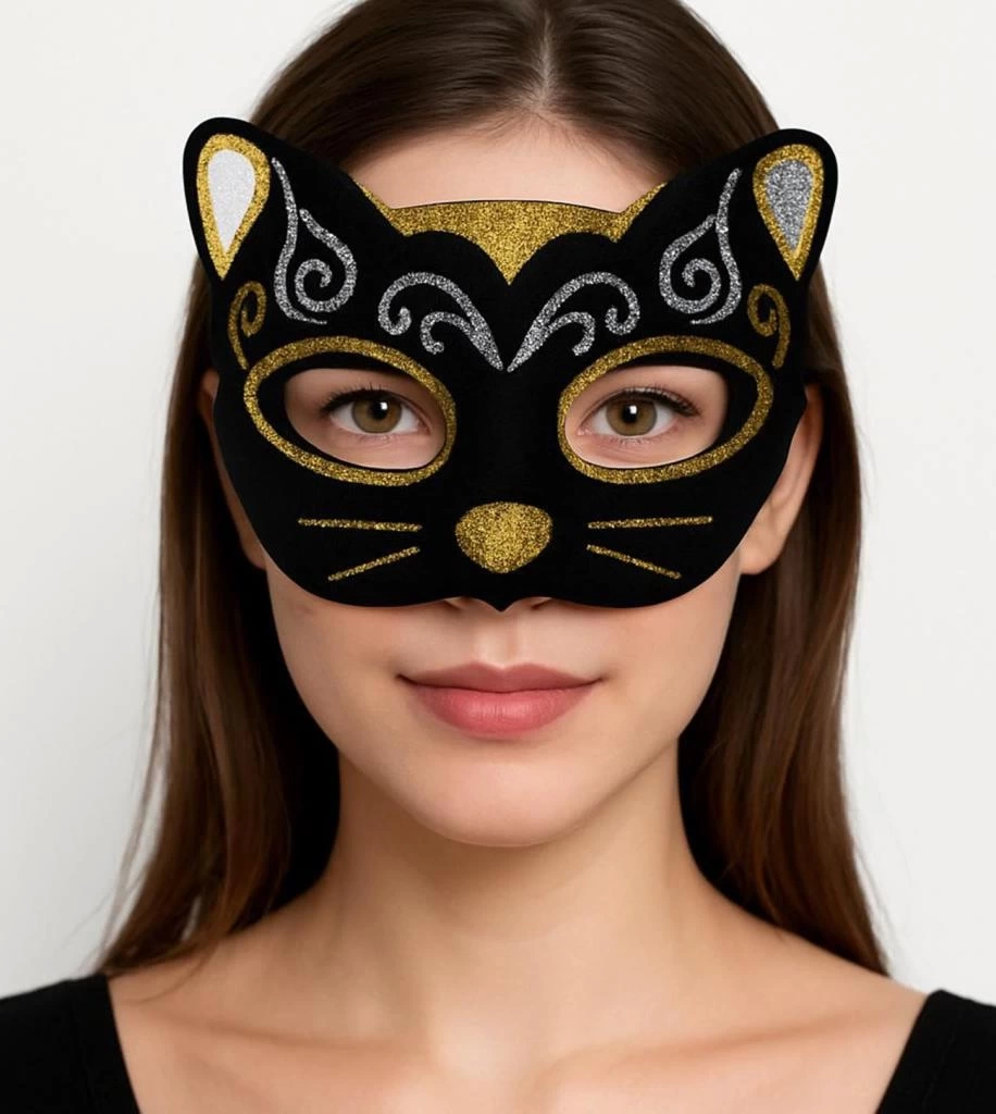 Nessiworld Kadife Dokulu Sim Detaylı Işıltılı Kedi Maskesi Altın Gümüş 20x13 cm