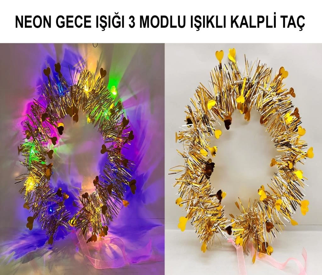 Nessiworld Kalp Püsküllü Gece Parıltısı 3 Modlu LED&#39;li Işıklı Taç Altın Renk