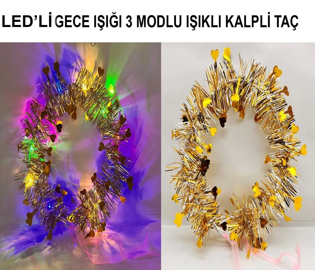 Nessiworld  Kalp Püsküllü Gece Parıltısı 3 Modlu LED&#39;li Işıklı Taç Altın Renk