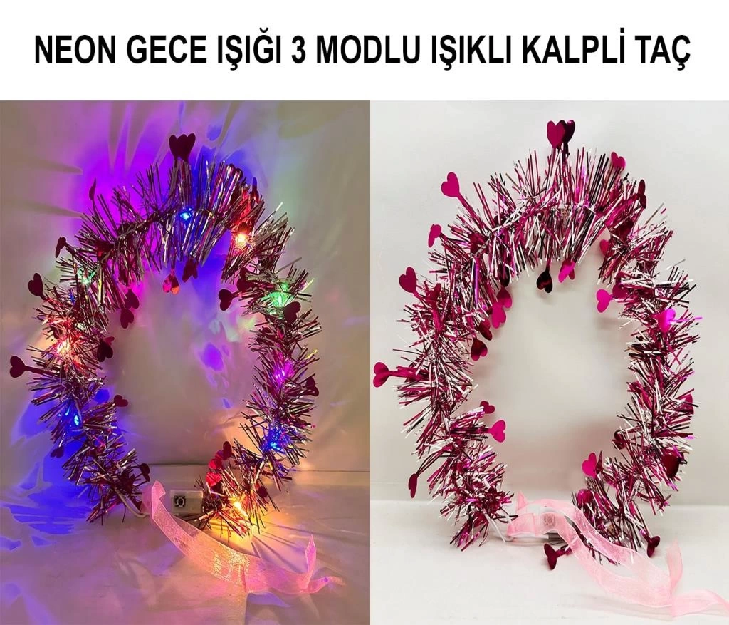 Nessiworld Kalp Püsküllü Gece Parıltısı 3 Modlu LED&#39;li Işıklı Taç Fuşya Renk
