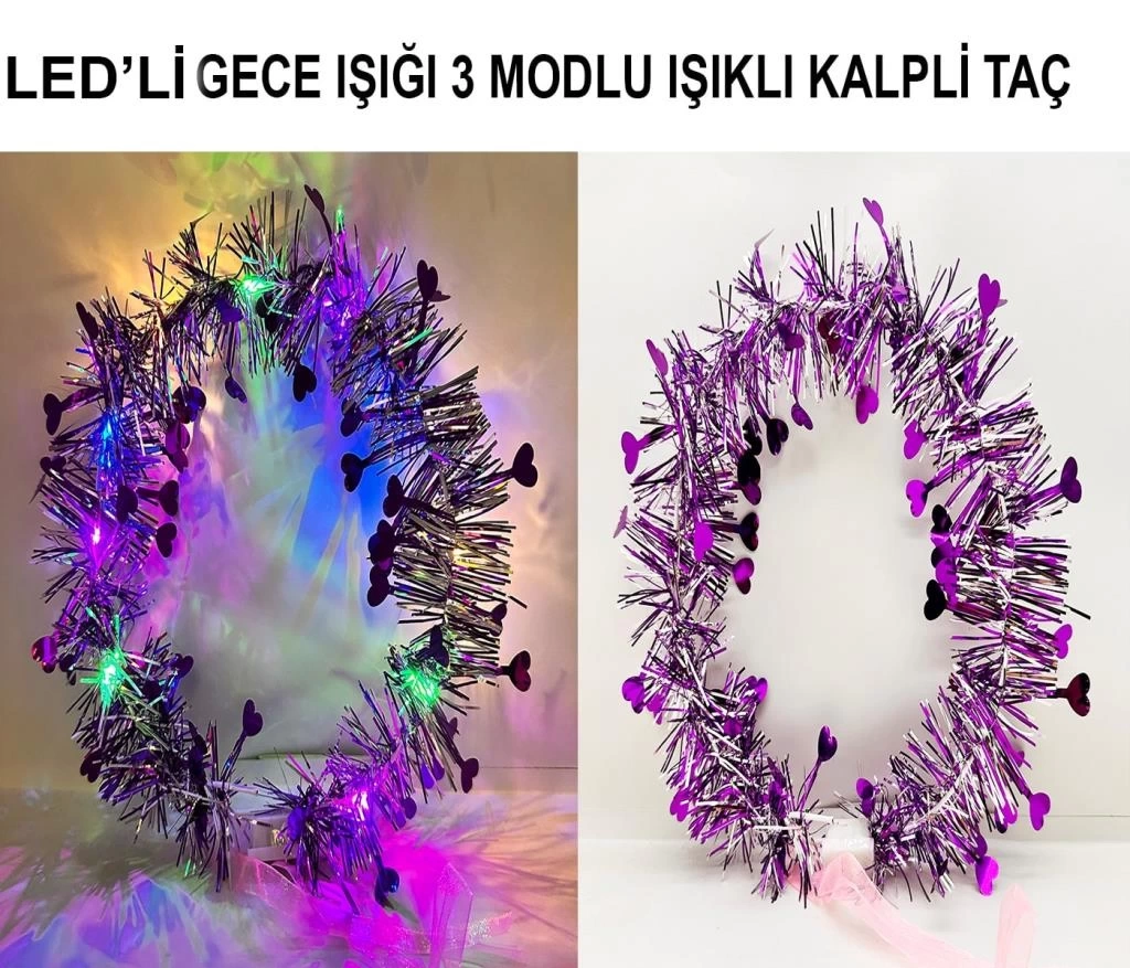 Nessiworld Kalp Püsküllü Gece Parıltısı 3 Modlu LED&#39;li Işıklı Taç Mor Renk