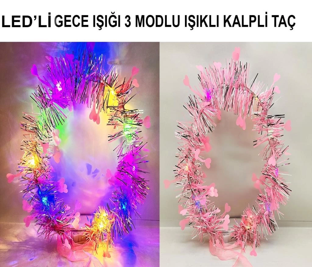 Nessiworld Kalp Püsküllü Gece Parıltısı 3 Modlu LED&#39;li Işıklı Taç Pembe Renk