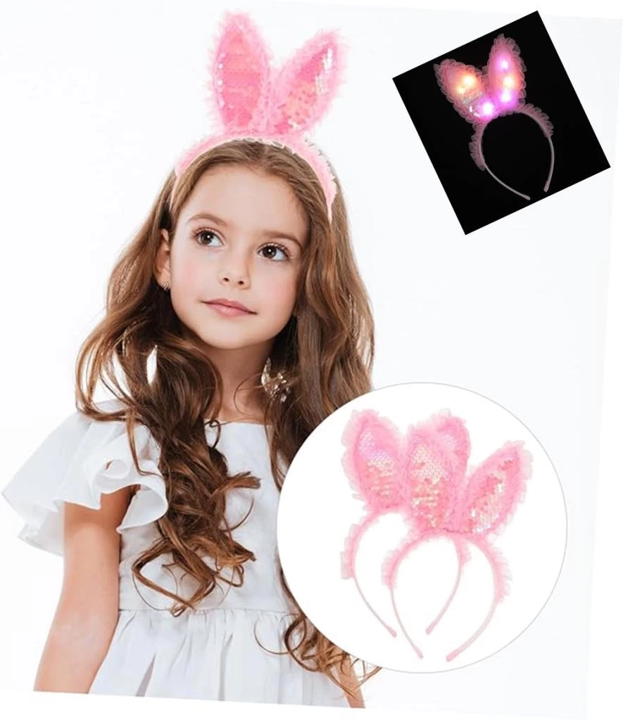 NessiWorld Kenarları Dantelli Pembe Pullu Payetli Led Işıklı Tavşan Kulak Taç 23x19 cm