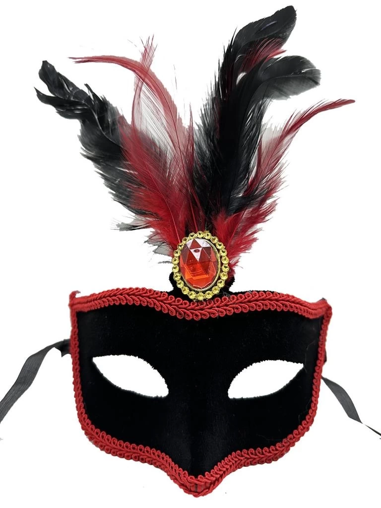Nessiworld   Kırmızı Dantelli Siyah Kırmızı Tüylü Siyah Süet Kaplama Parti Maskesi 17x25 cm