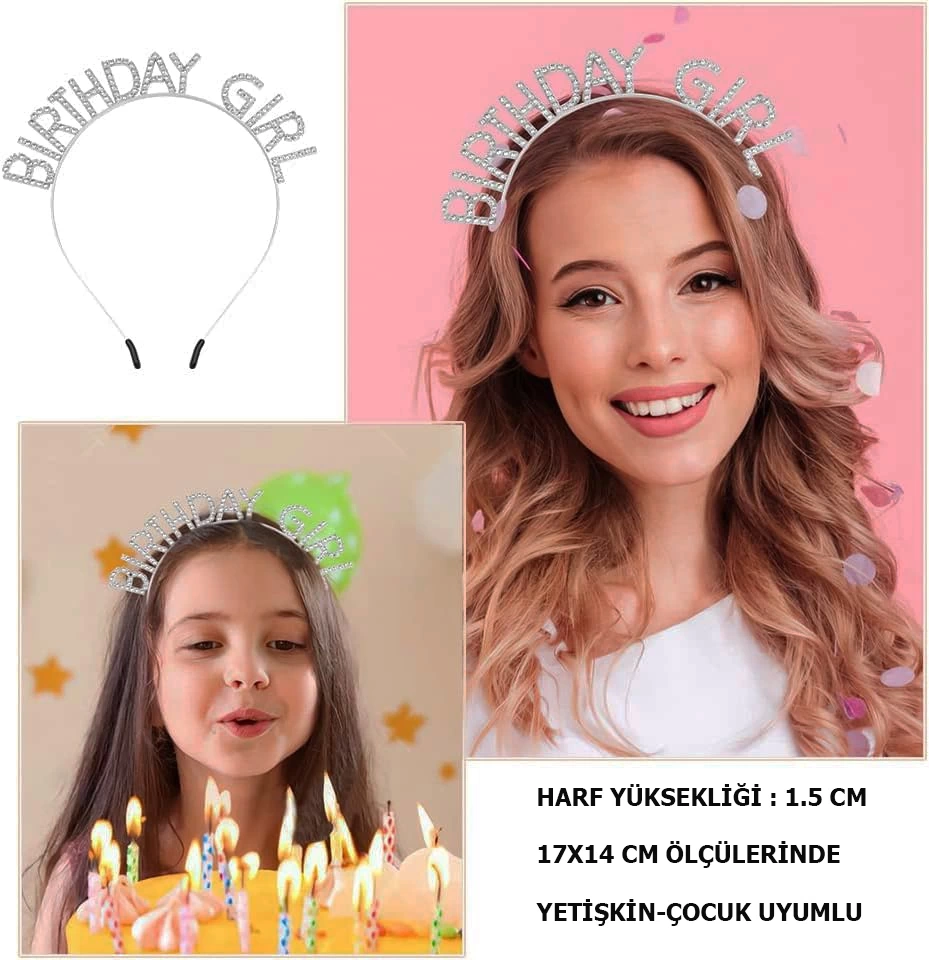 NessiWorld KristalTaşlıGümüşBirthdayGirlYazılıDoğumGünüPartiTacı19x11cm