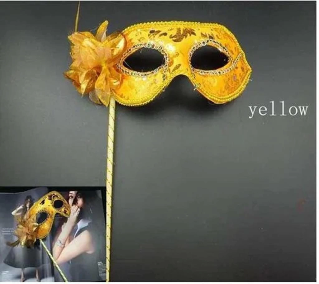 Nessiworld Lüks Taşlı Saplı Maskeli Balo Maskesi Altın Renk 35 cm