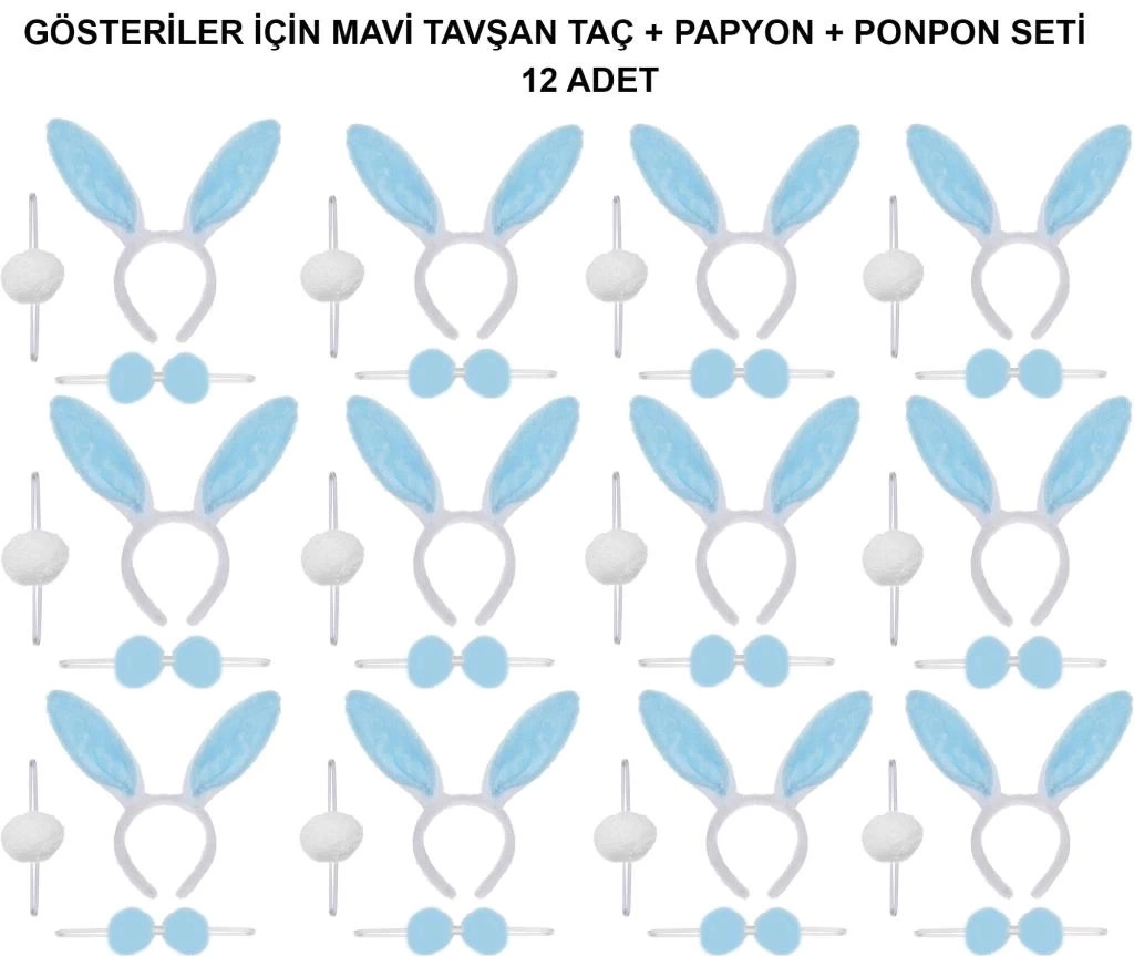 Nessiworld Mavi Tavşan Kostüm Seti – Taç, Papyon, Ponpon (12’li Paket)
