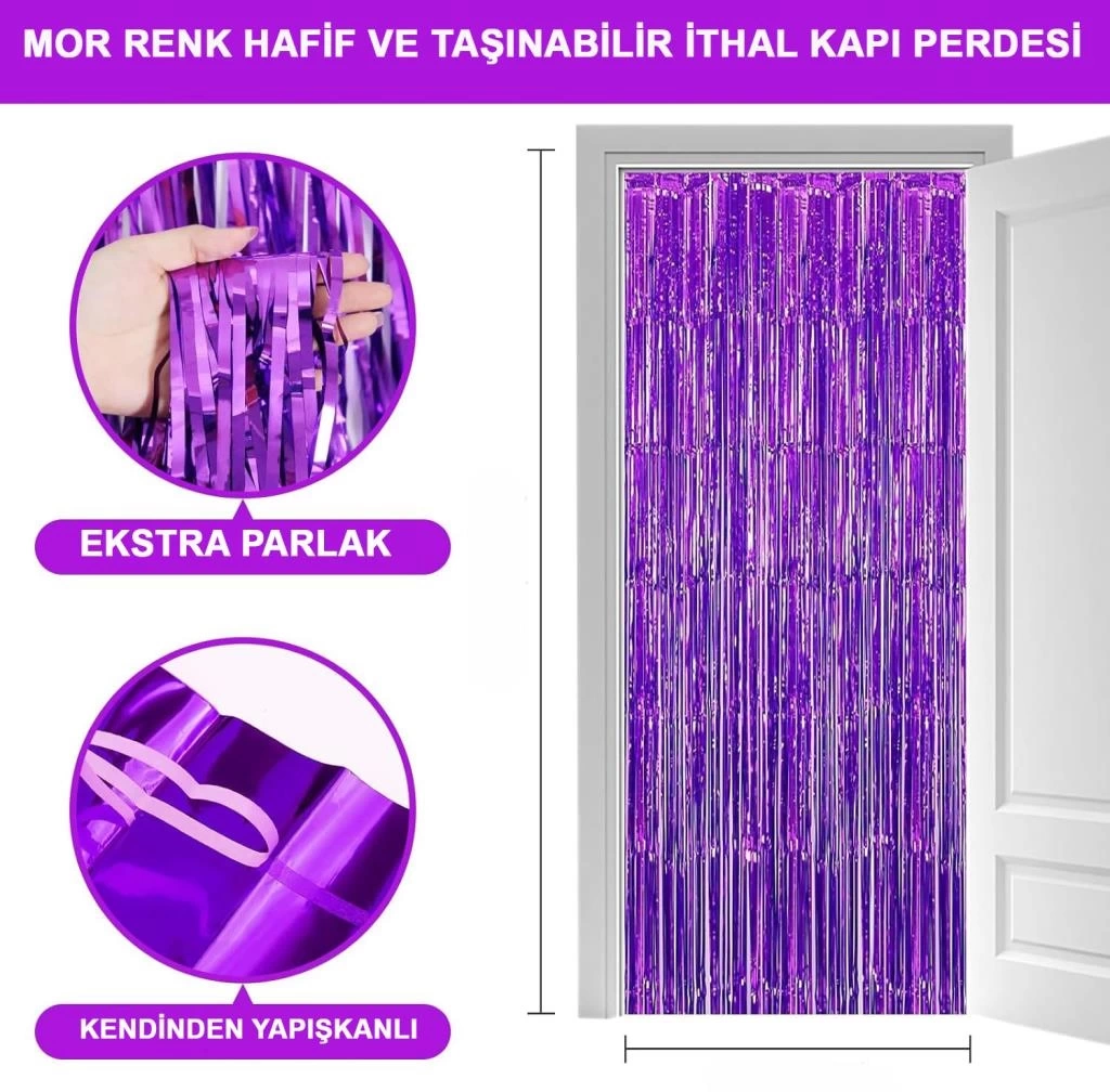 Nessiworld   Mor Renk Ekstra Metalize Parlak Saçaklı Arka Fon Perde İthal A Kalite 1x2 Metre