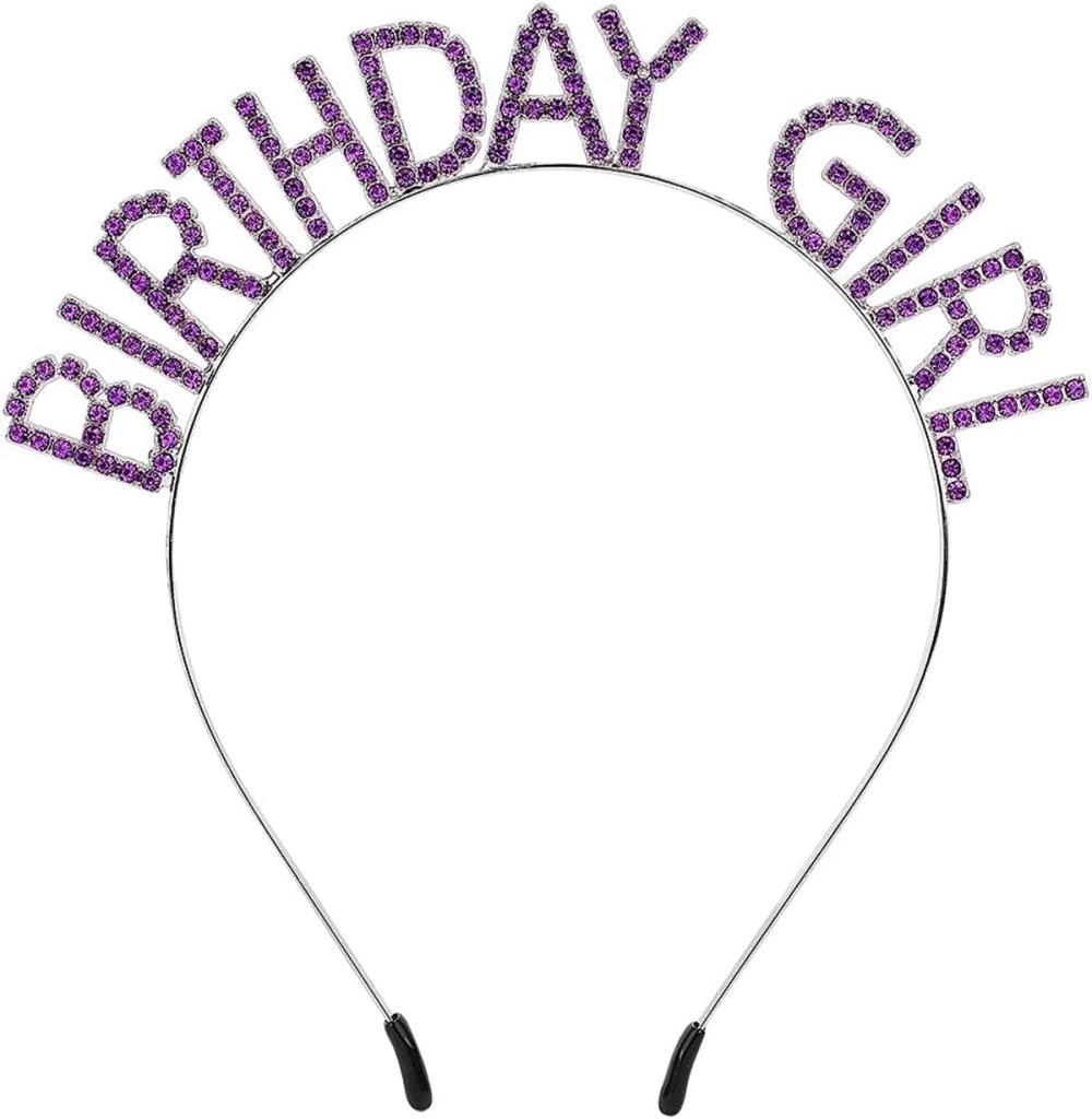 NessiWorld Mor Renk Kristal Taşlı Parlak Birthday Girl Yazılı Taç 16x17 cm