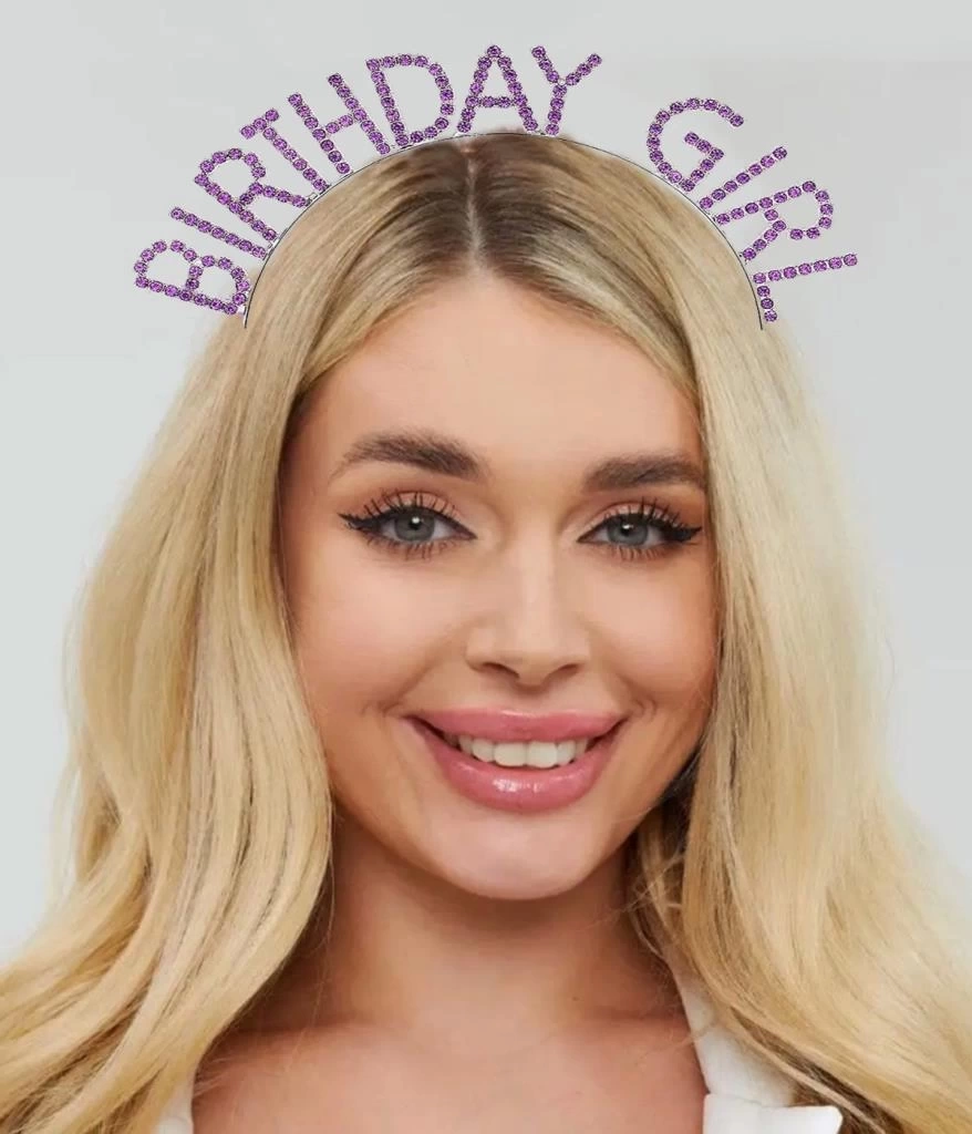 NessiWorld Mor Renk Kristal Taşlı Parlak Birthday Girl Yazılı Taç 16x17 cm