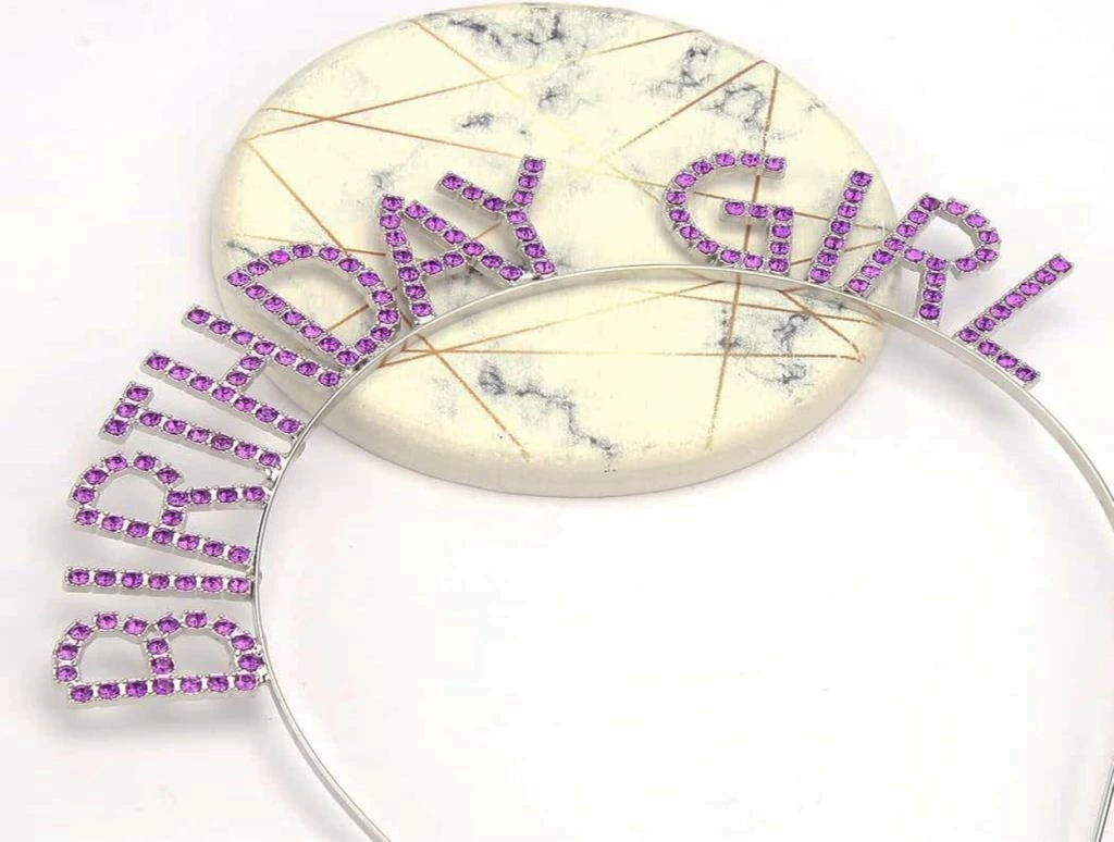NessiWorld Mor Renk Kristal Taşlı Parlak Birthday Girl Yazılı Taç 16x17 cm