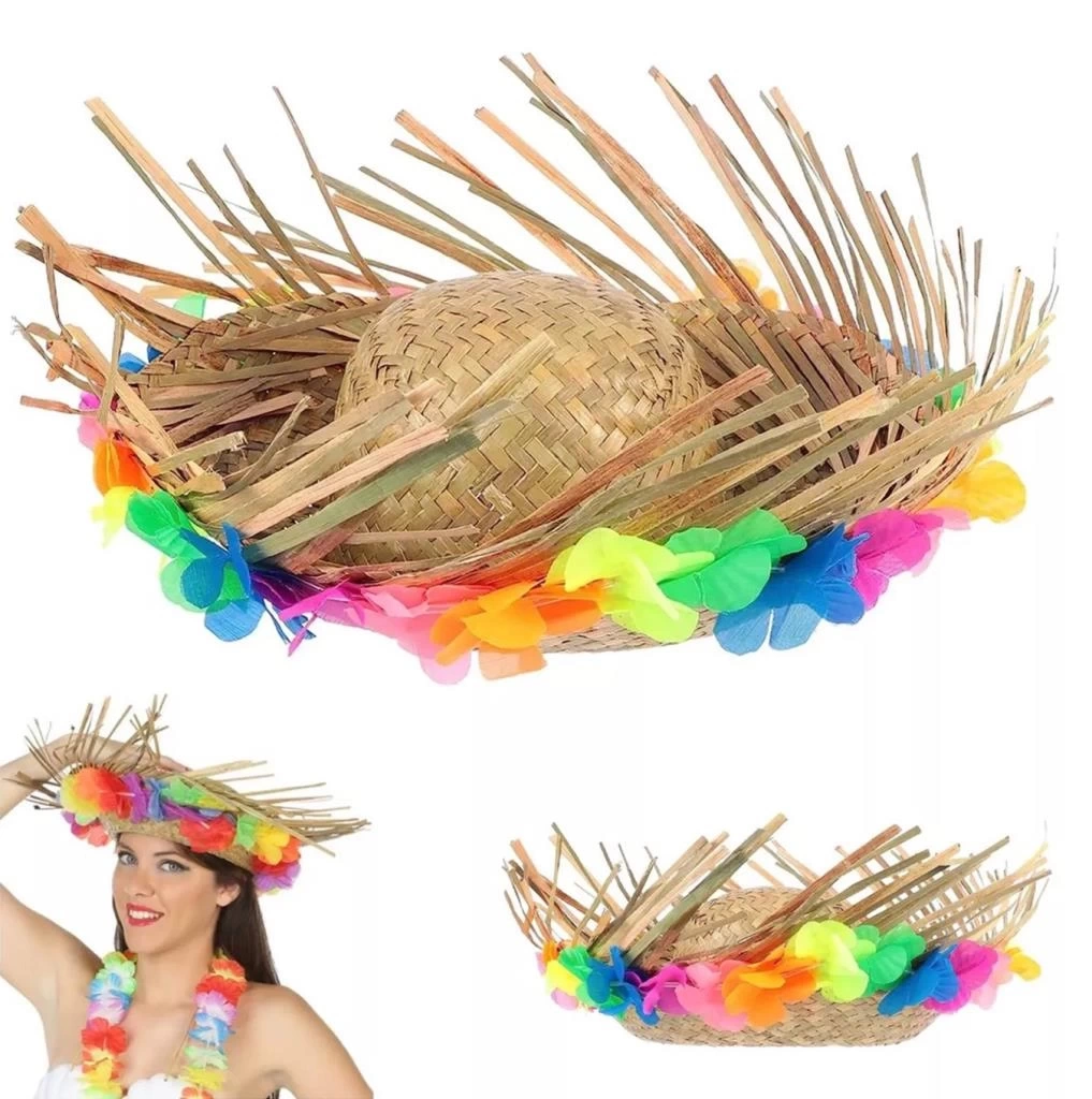 Nessiworld Naturel Renk Püsküllü Örme Hasır Hawaii Luau Aloha Şapka 13x36 cm