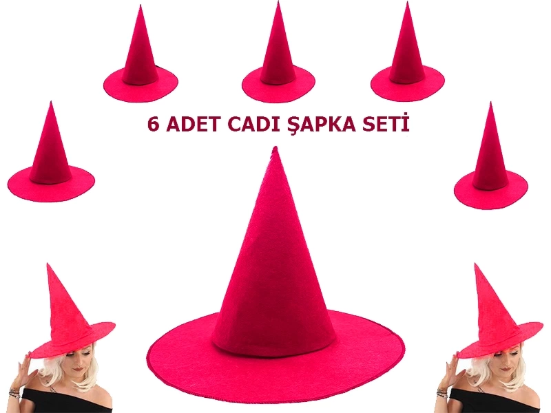 Nessiworld   Pembe Fuşya Renk Keçe Cadı Şapkası Yetişkin Çocuk Uyumlu 6 Adet