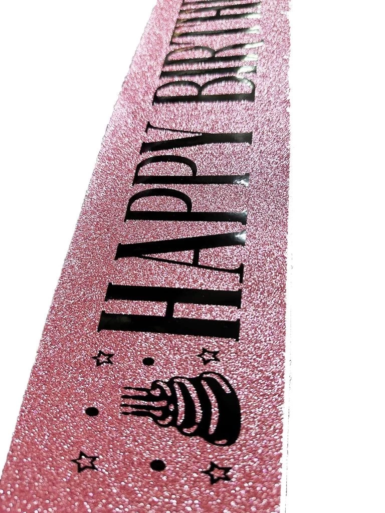NessiWorld Pembe Üzeri Siyah Büyük Happy Birthday Yazılı Simli Işıltılı Kuşak Kemer 10 cm Genişlik