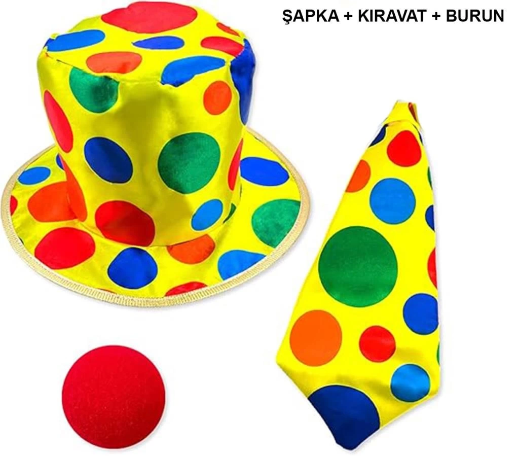 Nessiworld Renkli Palyaço Kostüm Seti – 3 Parça Aksesuar (Şapka, Kravat, Burun)