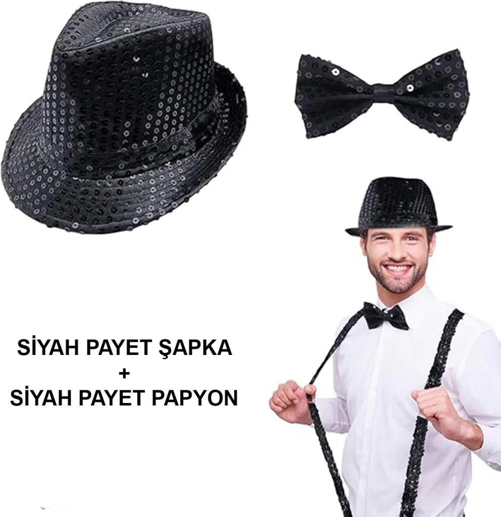 Nessiworld Siyah Payetli Şapka ve Papyon Seti – Parıltılı Yetişkin Kostüm Seti