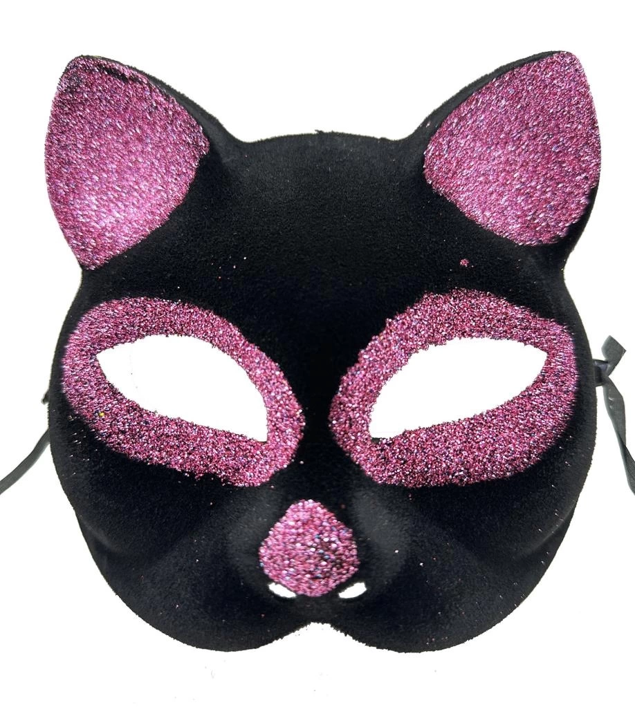 NessiWorld Siyah Renk Pembe Simli Süet Kedi Maskesi 18x14 cm