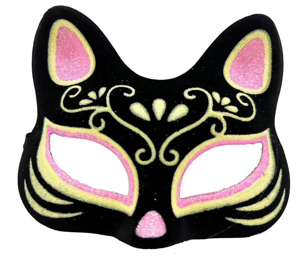 NessiWorld Siyah Renk Süet Kaplama Üzeri Pembe Sarı Simli Kedi Maskesi 17x14 cm