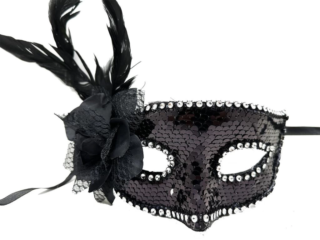 Nessiworld   Siyah Renk Yandan Tüylü Güllü Gümüş Taşlı Pullu Maske 20x22 cm