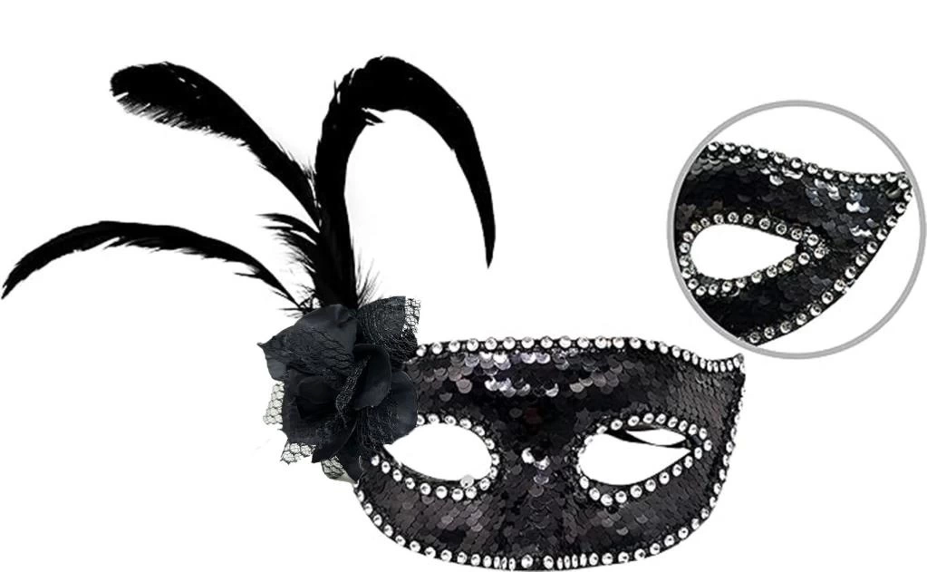 Nessiworld   Siyah Renk Yandan Tüylü Güllü Gümüş Taşlı Pullu Maske 20x22 cm