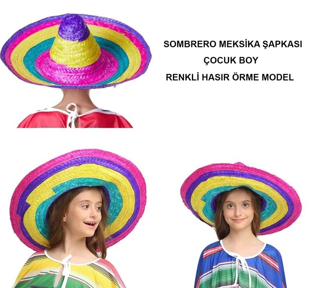 Nessiworld Sombrero Meksika Şapkası Renkli Örme Hasır Çocuk Boy