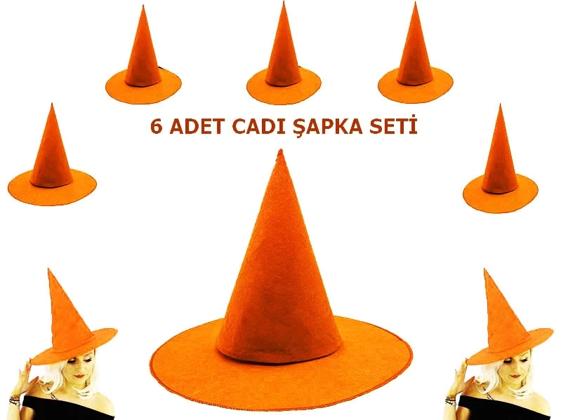 Nessiworld Turuncu Renk Keçe Cadı Şapkası Yetişkin Çocuk Uyumlu 6 Adet