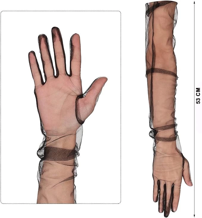 NessiWorld Uzun Boy Likralı Siyah Renk Yetişkin Mega Tül Eldiven 53 cm