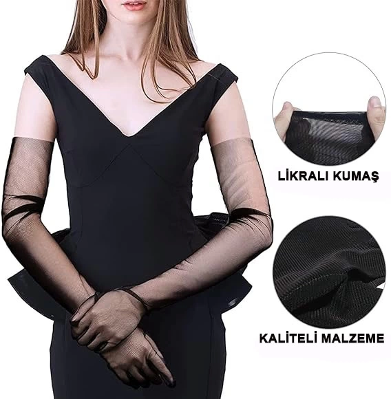 NessiWorld Uzun Boy Likralı Siyah Renk Yetişkin Mega Tül Eldiven 53 cm