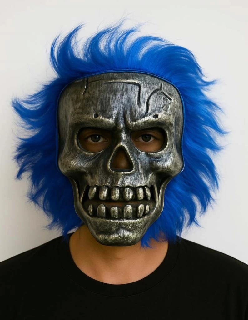 Nessiworld Wild Skull - Gümüş Kafatası Mavi Saçlı İskelet Maske