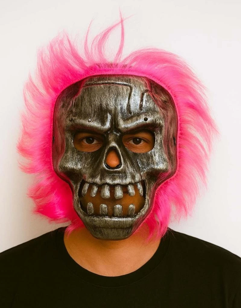 Nessiworld Wild Skull - Gümüş Kafatası Pembe Saçlı İskelet Maske