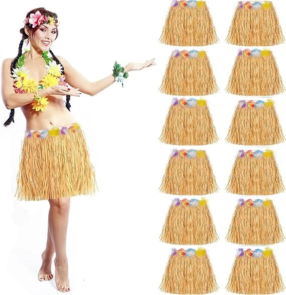 Nessiworld Yetişkin ve Çocuk Uyumlu Saman Renk Hawaii Luau Hula Etek 40 cm 12 Adet