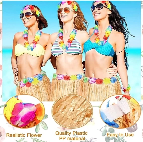 Nessiworld Yetişkin ve Çocuk Uyumlu Saman Renk Hawaii Luau Hula Etek 40 cm 12 Adet