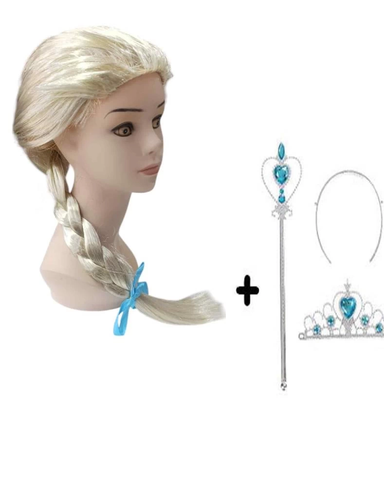 Örgülü Karlar Ülkesi Frozen Elsa Peruğu Tacı ve Sopası Çocuk Boy