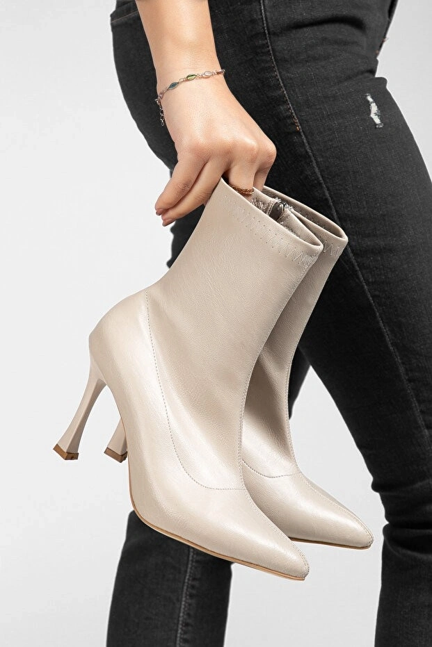 Orjen Bej Cilt Streç Topuklu Bot