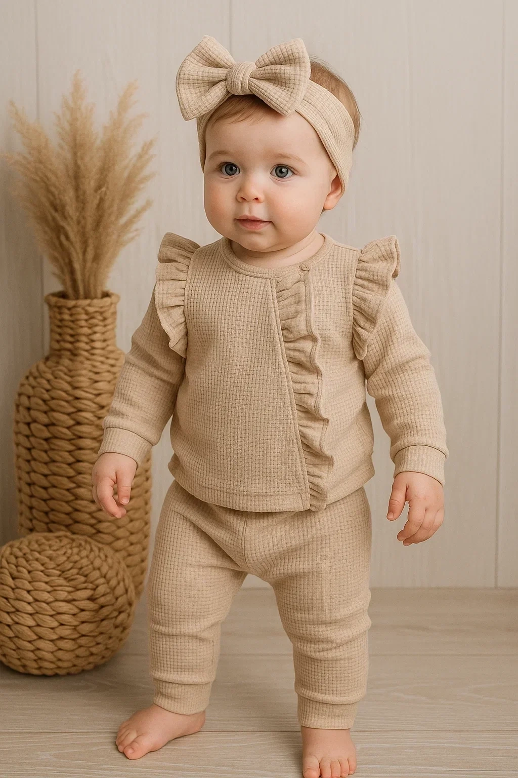 Orkide Desenli Fisto Detaylı 3 Parça Kız Bebek Takımı %100 Pamuk